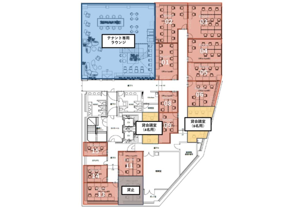 X-BASE SHIBUYA B1Fフロア図（Room01〜15）